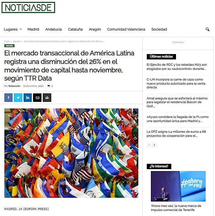 El mercado transaccional de Amrica Latina registra una disminucin del 26% en el movimiento de capital hasta noviembre, segn TTR Data